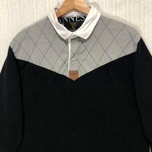 Guinness Rugby Shirt Long Sleeve Black Grey Argyle Collar Size Large